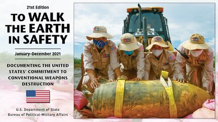 Infographic with image of soldiers moving a landmine