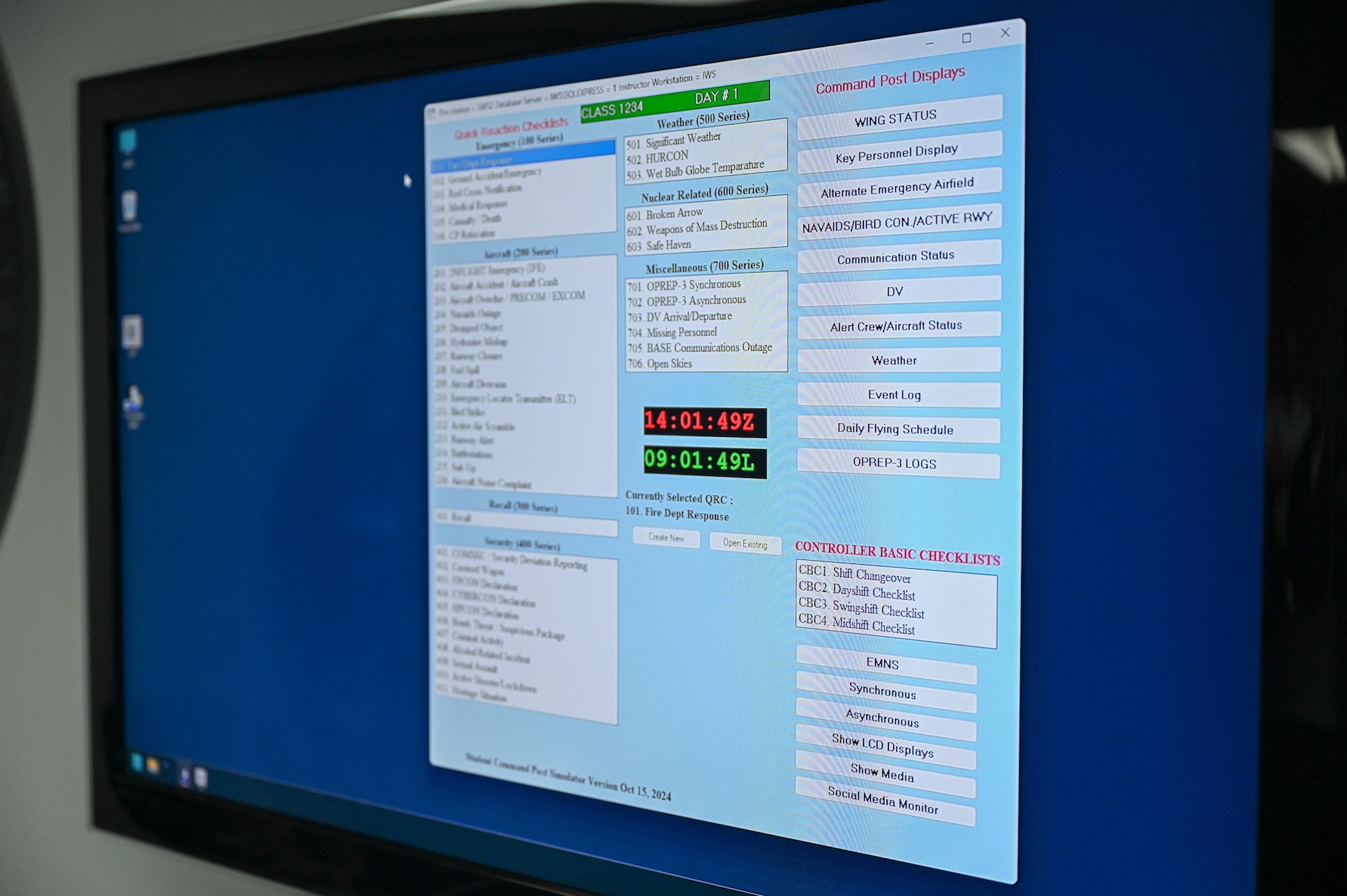A new training system displays a quick reaction checklist in a command post study room on Keesler Air Force Base, Mississippi, Oct. 30, 2024.