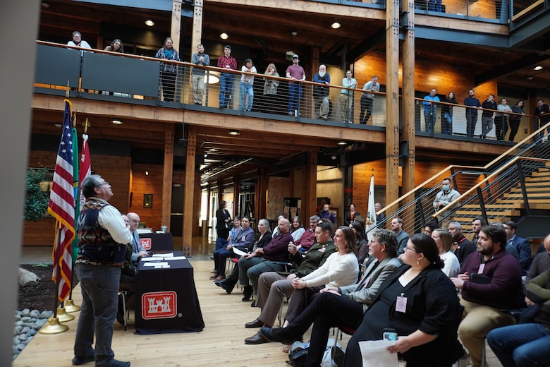 Mr. Jaime Pinkham, Acting Assistant Secretary of the Army for Civil Works, addresses Seattle District staff and partners at a Project Partnership Agreement signing ceremony today to begin the construction phase for the Duckabush Estuary Restoration Project.