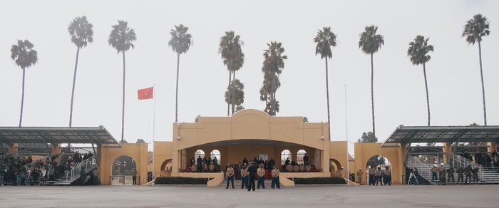 U.S. Marines and guests bow their hands during the invocation before a graduation ceremony for Kilo Company, 3rd Recruit Training Battalion at Marine Corps Recruit Depot San Diego, California, Dec. 6, 2024. This ceremony marked the end of a 13-week transformation that included training in drill, marksmanship, basic combat skills, and Marine Corps customs and traditions. (U.S. Marine Corps photo by Lance Cpl. Janell B. Alvarez)