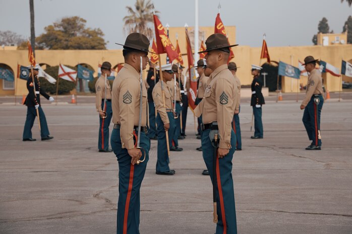 U.S. Marines with Kilo Company, 3rd Recruit Training Battalion, march in formation during a graduation ceremony at Marine Corps Recruit Depot San Diego, California, Dec. 6, 2024. This ceremony marked the end of a 13-week transformation that included training in drill, marksmanship, basic combat skills, and Marine Corps customs and traditions. (U.S. Marine Corps photo by Lance Cpl. Janell B. Alvarez)
