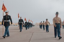 U.S. Marines with Kilo Company, 3rd Recruit Training Battalion, march in formation during a graduation ceremony at Marine Corps Recruit Depot San Diego, California, Dec. 6, 2024. This ceremony marked the end of a 13-week transformation that included training in drill, marksmanship, basic combat skills, and Marine Corps customs and traditions. (U.S. Marine Corps photo by Lance Cpl. Janell B. Alvarez)
