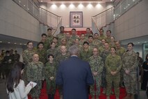 Secretary of Defense Lloyd J. Austin III speaks to a trilateral group of servicemembers at Yama Sakura 87 about the importance of people and their service during a visit to the Ground Component Command at Camp Asaka, Japan, Dec. 11, 2024.