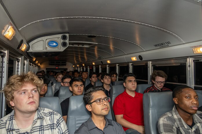 U.S. Marine Corps recruits with India Company, 3rd Recruit Training Battalion, receive a brief as part of a receiving event at Marine Corps Recruit Depot San Diego, California, Dec. 2, 2024. During the receiving process, recruits are taken to the United Service Organizations for accountability, checked for contraband, given haircuts, make a scripted phone call home, and issued gear required for training. (U.S. Marine Corps photo by Lance Cpl. Janell B. Alvarez)
