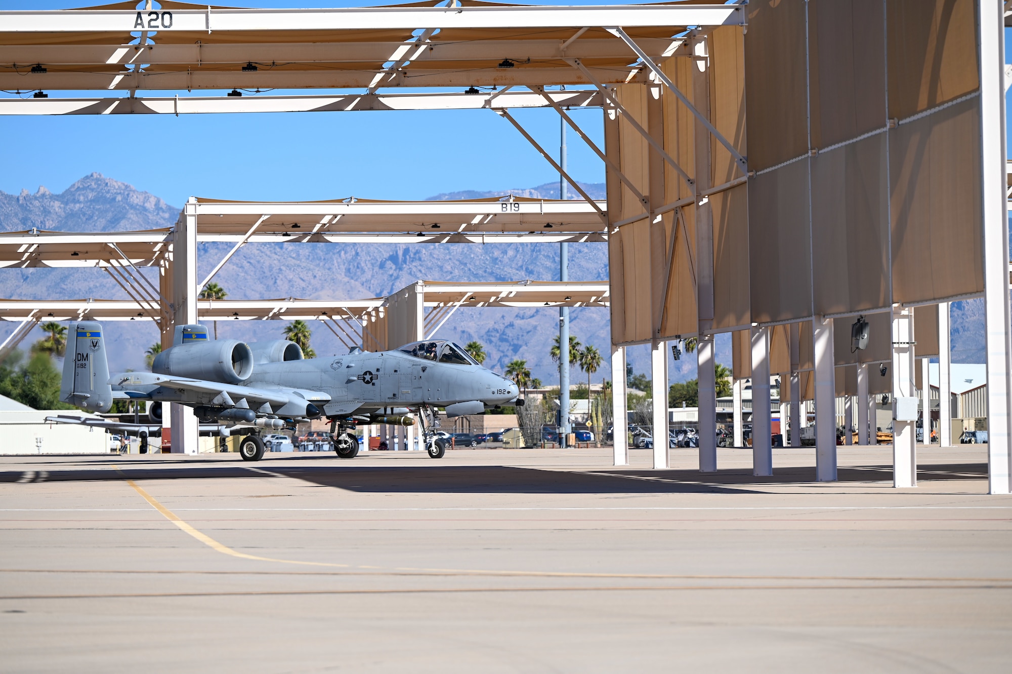 An A-10 Thunderbolt II from the 924th Fighter Group of the 944th Fighter Wing taxis on the flightline at Davis-Monthan Air Force Base, Ariz., Nov. 14, 2024, as part of Exercise Desert Hammer 25-1 hosted by the 944th Fighter Wing. Exercise Desert Hammer 25-1 emphasizes the U.S. Air Force Reserve’s commitment to readiness by integrating Agile Combat Support and Large Force Exercise capabilities in a contested environment. (U.S. Air Force photo by Senior Airman Andrew Garavito)