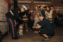 U.S. Marines Corps Cpl. Sarah Grawcock,  a combat photographer and the mascot handler with Headquarters and Service Battalion, Marine Corps Recruit Depot San Diego,  and Lance Cpl. Bruno, the MCRD San Diego and the Western Recruiting Region mascot, greet the audience at the Little Italy tree lighting event, San Diego, California, Dec. 7, 2024. The mascot’s and Marine Band San Diego’s job is to boost morale, participate in outreach work and attend events and ceremonies. (U.S. Marine Corps photo by Lance Cpl. Janell B. Alvarez)