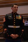 U.S. Marine Corps Gunnery Sgt. Eduardo Villalobos, a canvassing recruiter with Recruiting Sub-Station Norwalk, Recruiting Station Orange County, participates in a Marine Corps Birthday Ball Ceremony in Irvine, California, Nov. 26, 2024. Recruiting Station Orange County consists of twenty RSS's, Primary Contact Stations and Officer Selection Stations ranging from Los Angeles to Orange County. (U.S. Marine Corps photo by Cpl. Fred Garcia)
