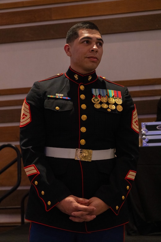 U.S. Marine Corps Gunnery Sgt. Eduardo Villalobos, a canvassing recruiter with Recruiting Sub-Station Norwalk, Recruiting Station Orange County, participates in a Marine Corps Birthday Ball Ceremony in Irvine, California, Nov. 26, 2024. Recruiting Station Orange County consists of twenty RSS's, Primary Contact Stations and Officer Selection Stations ranging from Los Angeles to Orange County. (U.S. Marine Corps photo by Cpl. Fred Garcia)