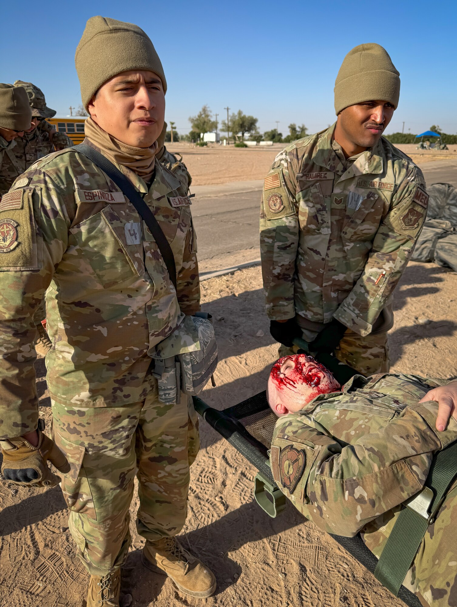 944th Fighter Wing Reserve Citizen Airmen simulate patient transport operations at Gila Bend Air Force Auxiliary Field, Ariz., Nov. 14, 2024, during Exercise Desert Hammer 25-1. Exercise Desert Hammer emphasizes the U.S. Air Force Reserve’s commitment to readiness by integrating Agile Combat Support and Large Force Exercise capabilities in a contested environment. (U.S. Air Force photo by Maj. Casey Staheli)