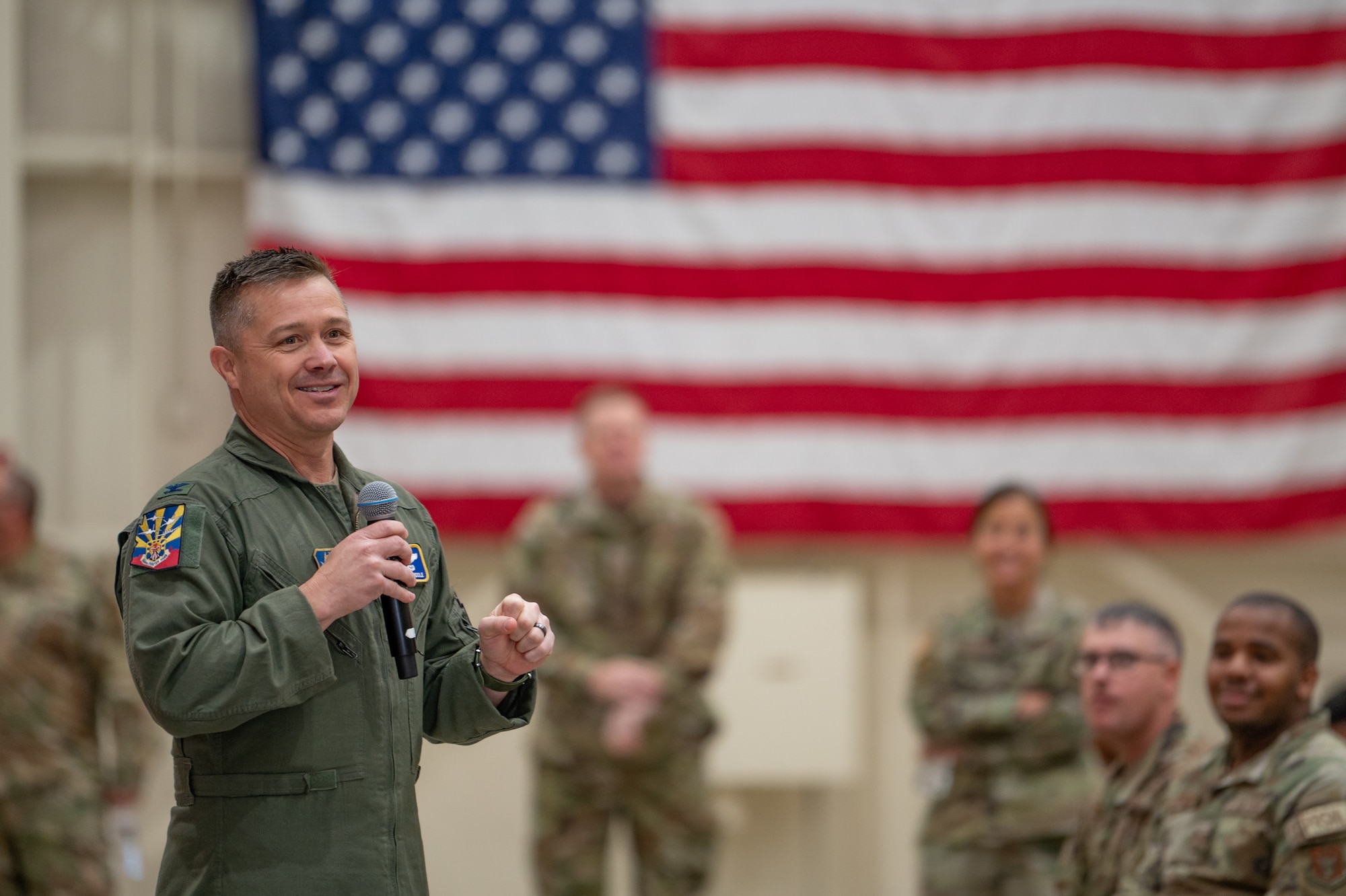 944th Fighter Wing Commander Col. Todd Riddle speaks to the 944th FW Airmen during a homecoming celebration at Luke Air Force Base, Ariz., Nov. 17, 2024, upon the conclusion of Exercise Desert Hammer 25-1. Exercise Desert Hammer 25-1 emphasizes the U.S. Air Force Reserve’s commitment to readiness by integrating Agile Combat Support and Large Force Exercise capabilities in a contested environment. (U.S. Air Force photo by Tech. Sgt. Tyler J. Bolken)