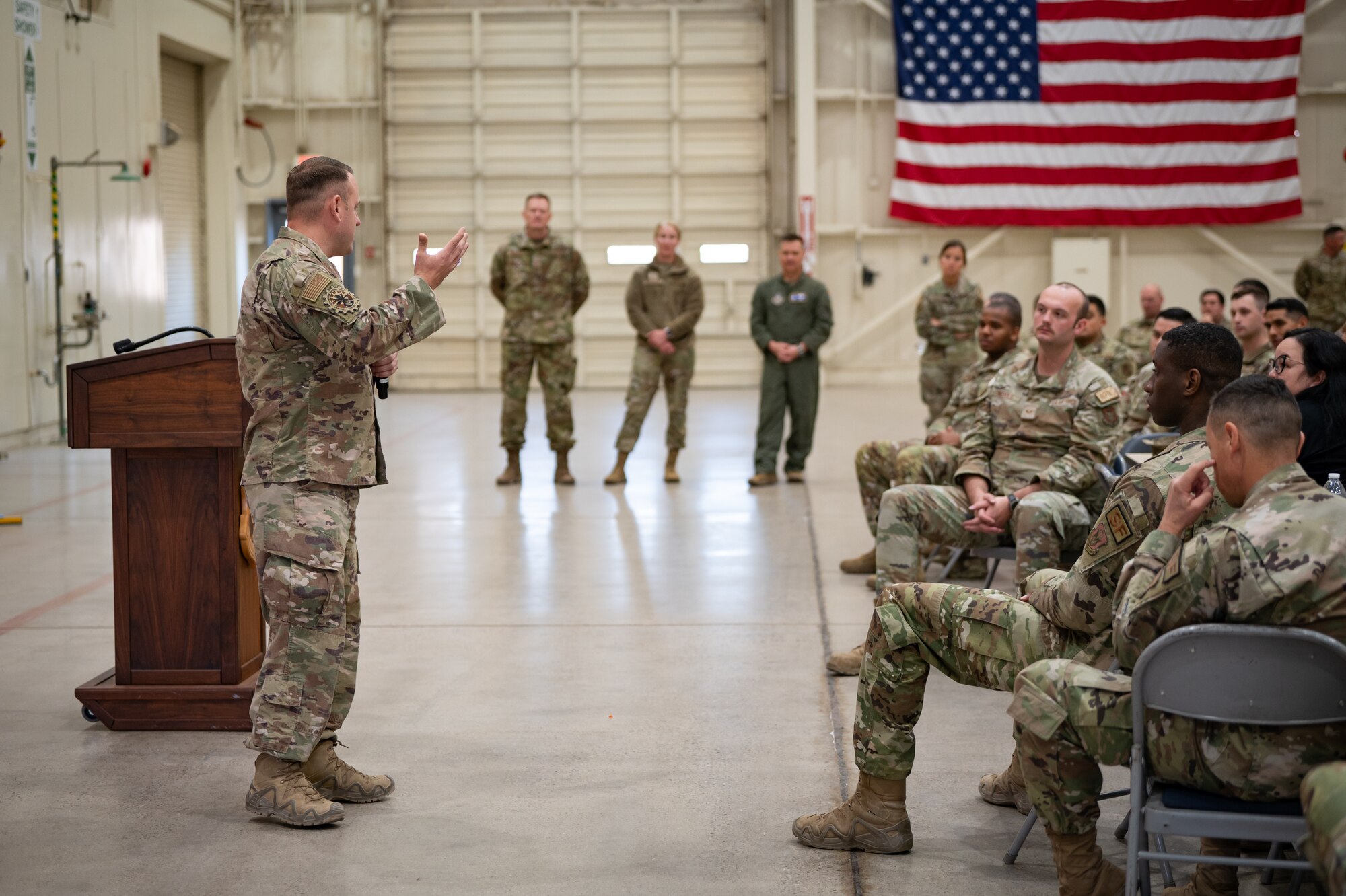 Chief Master Sgt. Gregory Locke, 944th Mission Support Group Senior Enlisted Leader, speaks to the 944th FW Airmen during a homecoming celebration at Luke Air Force Base, Ariz., Nov. 17, 2024, upon the conclusion of Exercise Desert Hammer 25-1. Exercise Desert Hammer 25-1 emphasizes the U.S. Air Force Reserve’s commitment to readiness by integrating Agile Combat Support and Large Force Exercise capabilities in a contested environment. (U.S. Air Force photo by Tech. Sgt. Tyler J. Bolken)