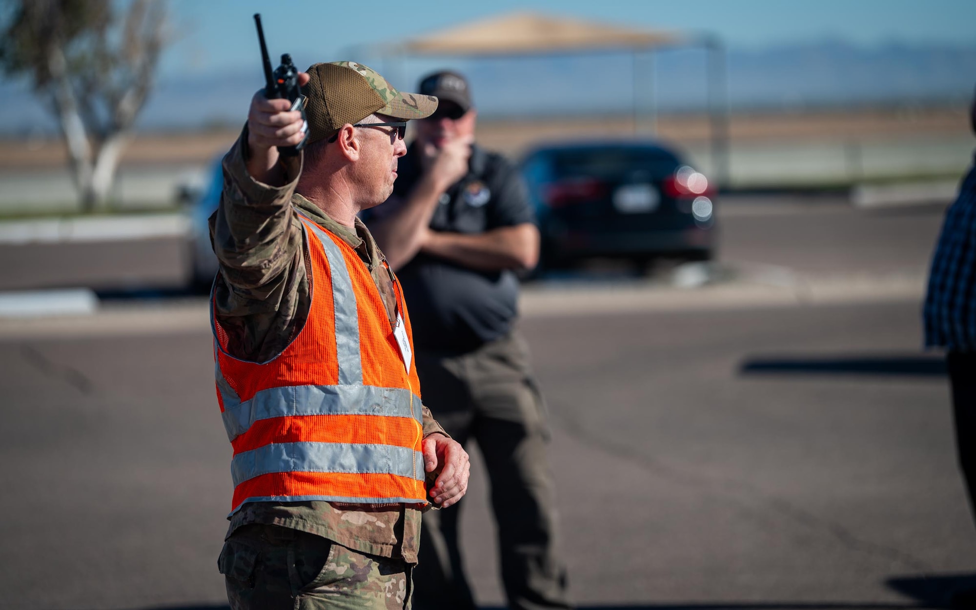 Barry M. Goldwater Range East personnel and 944th Fighter Wing Reserve Citizen Airmen gather for a group phot at Barry M. Goldwater Range East near Gila Bend, Ariz., Nov. 14, 2024. Exercise Desert Hammer 25-1 emphasizes the U.S. Air Force Reserve’s commitment to readiness by integrating Agile Combat Support and Large Force Exercise capabilities in a contested environment. (U.S. Air Force photo by Senior Airman Jacob Dastas)