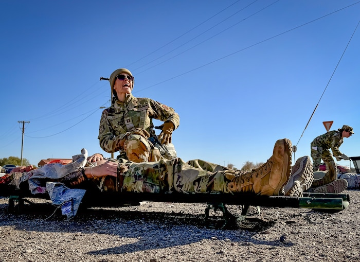 944th Fighter Wing Reserve Citizen Airmen conduct casualty evacuation and care training during Exercise Desert Hammer 25-1 at Gila Bend Air Force Auxiliary Field, Ariz., Nov. 14, 2024. Set against the unmatched backdrop of the Barry M. Goldwater Range, Desert Hammer leverages Arizona’s strategic geography to provide realistic combat training for U.S. and allied forces. (U.S. Air Force photo by Maj. Casey Staheli)
