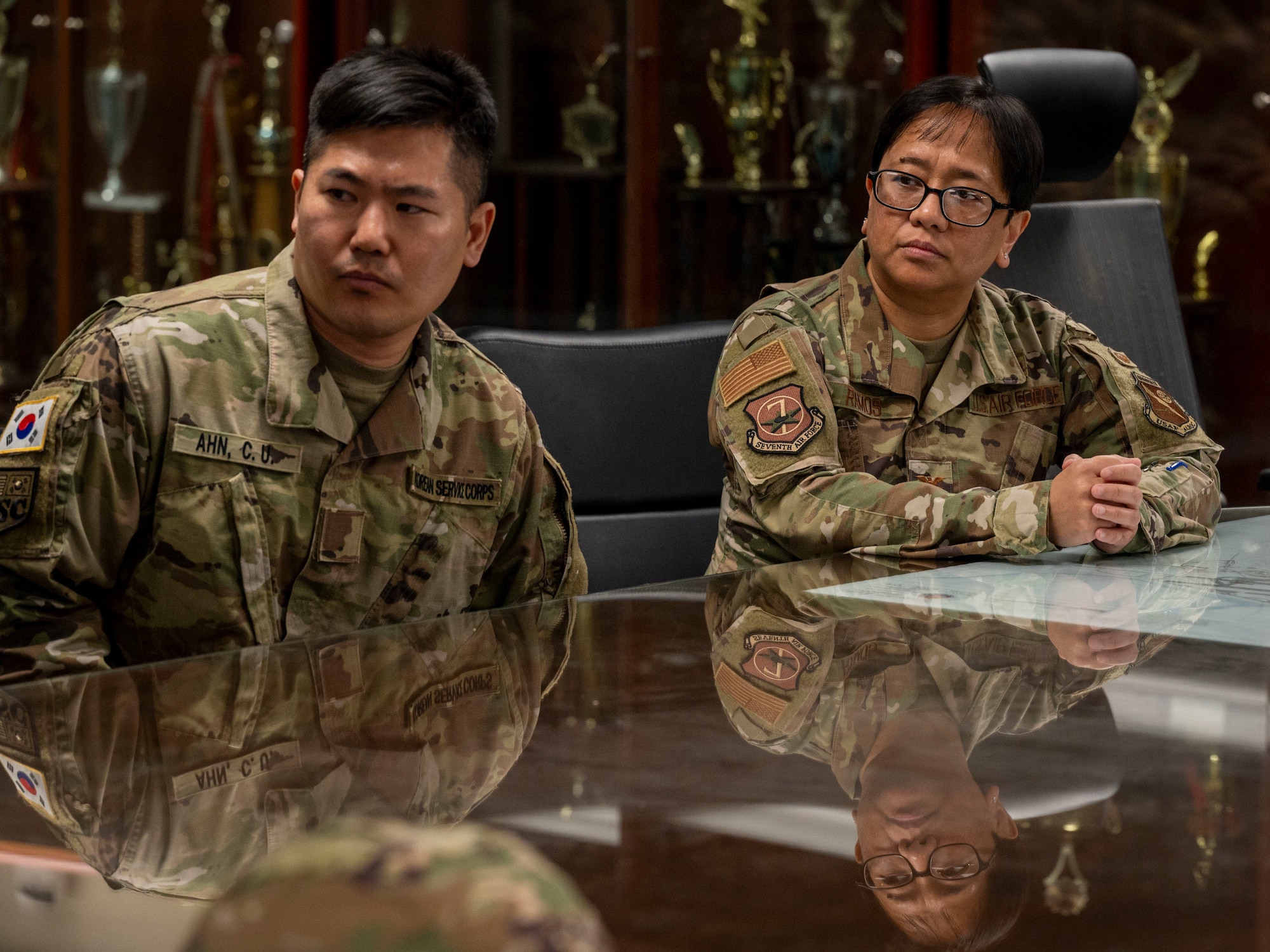 U.S. Air Force Col. Laura Ramos, right, 7th Air Force logistics, engineering and force protection (A4) director, and a Korean Service Corps Pyeongtaek Mobilization Station member attend a mission brief during contingency operations training at Osan Air Base, Republic of Korea, Dec. 6, 2024. The mission brief provided clear expectations of flight responsibilities within the 51st Logistics Readiness Squadron and an understanding of the distribution of duties during real-world contingency operations. The 51st LRS coordinated with 7th AF to establish a new initiative with the Korean Service Corps Battalion to conduct simulated contingency operations training. (U.S. Air Force photo by Senior Airman Sabrina Fuller-Judd)