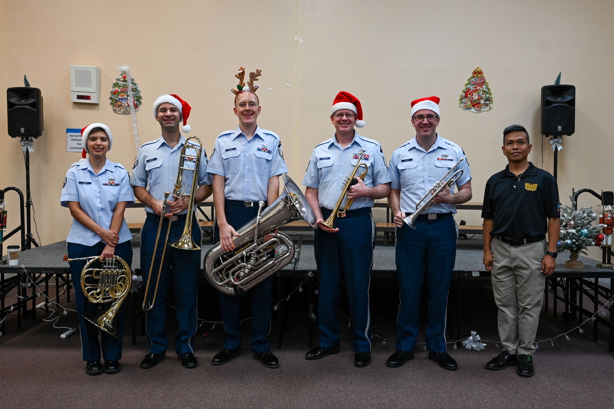 The Pacific Brass Quintet visited schools in Guam, Saipan and Tinian during the 73rd Operation Christmas Drop exercise on Andersen Air Force Base. (U.S. Air Force photo by Airman 1st Class Natasha Ninete)
