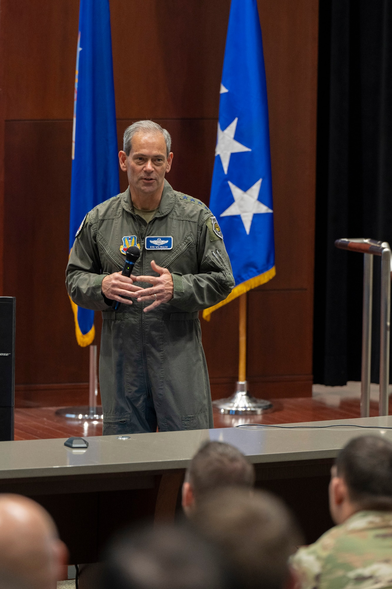 Gen. Ken Wilsbach, commander of Air Combat Command, holds an All Call for the workforce at the Air Force Technical Applications Center, Patrick Space Force Base, Fla., Dec. 5, 2024.  Wilsbach visited the nuclear treaty monitoring center to learn more about how the center executes its 24/7 no-fail mission.  (U.S. Air Force photo by Matthew S. Jurgens)
