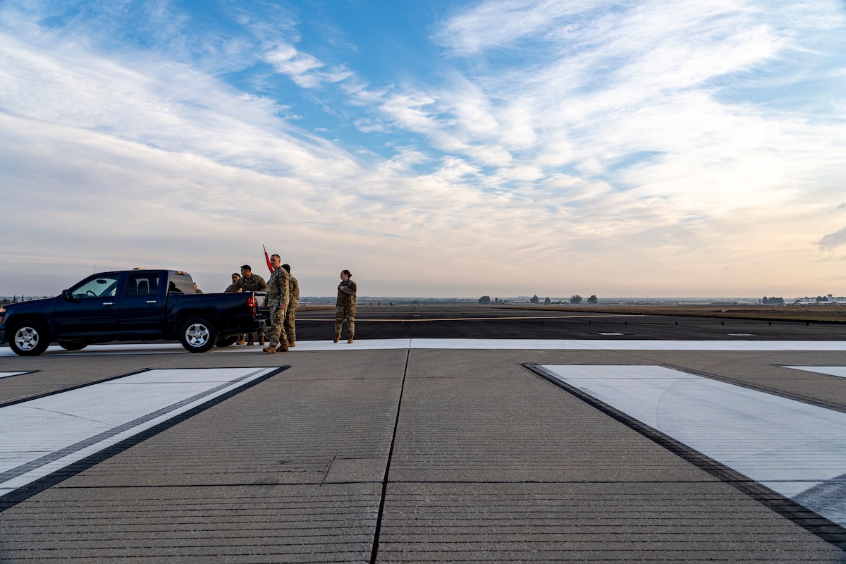U.S. Air Force Airmen assigned to the 39th Air Base Wing, prepare for a ribbon-cutting ceremony to mark the completion of the airfield overrun extension project at Incirlik Air Base, Türkiye, Dec. 12, 2024. Construction began in September 2023 and was completed over 14 months at a cost of $2.3 million. (U.S. Air Force photo by Tech. Sgt. Dhruv Gopinath)