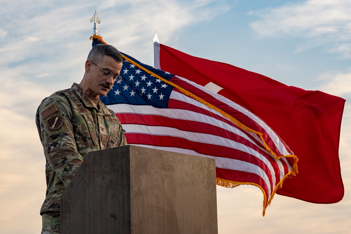 U.S. Air Force Col. Steven Skipper, 39th Mission Support Group commander, delivers remarks during a ribbon-cutting ceremony marking the completion of airfield overrun extension project at Incirlik Air Base, Türkiye, Dec. 12, 2024. Construction began in September 2023 and was completed over 14 months at a cost of $2.3 million. (U.S. Air Force photo by Tech. Sgt. Dhruv Gopinath)