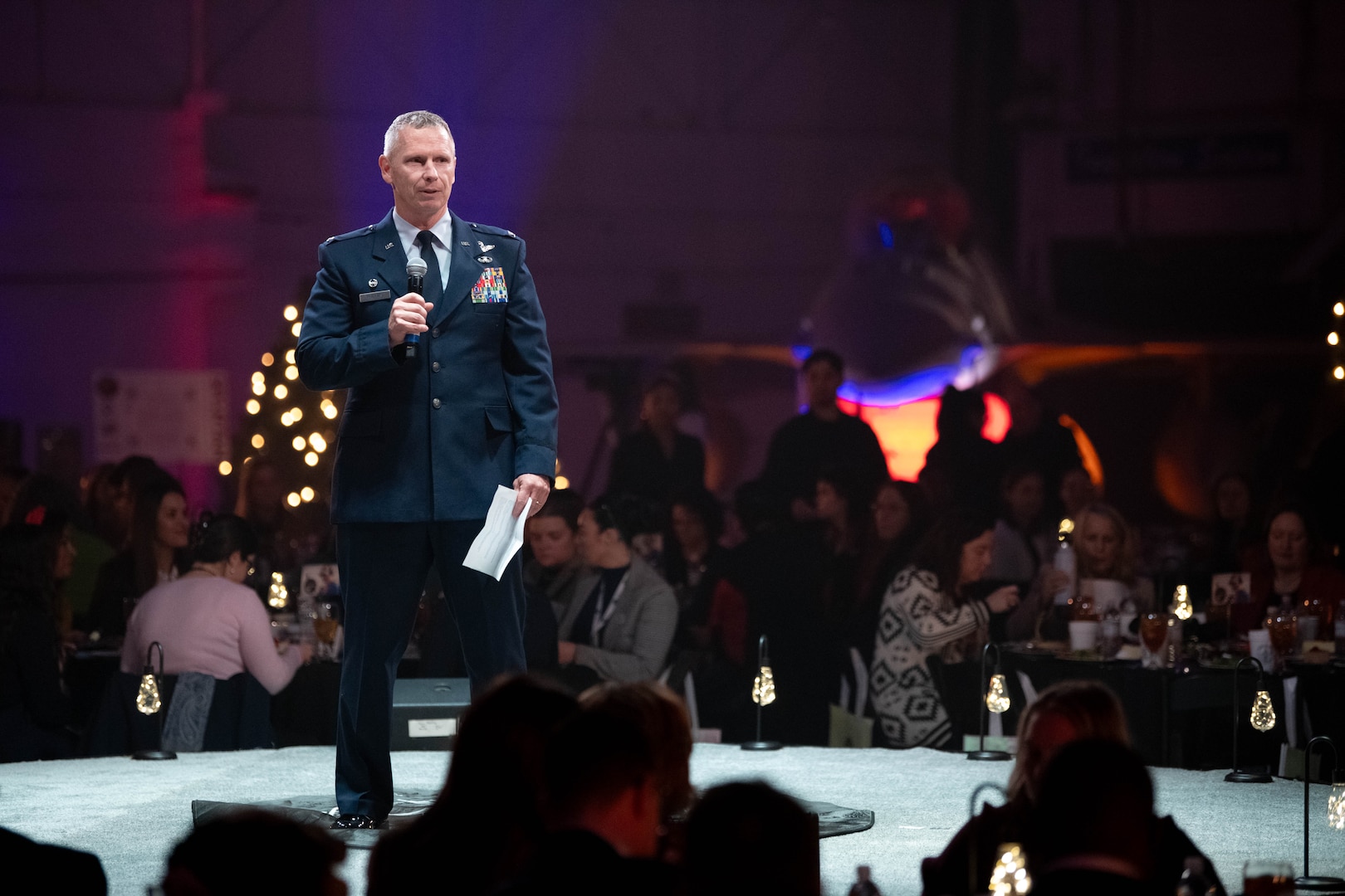 Col. Chad Phillips, 138th Fighter Wing commander, speaks during the eighth annual Oklahoma Women in Aviation & Aerospace Day at the Tulsa Air National Guard Base, Okla., Dec. 6, 2023. The event was sponsored by Spartan College of Aeronautics and Technology and provided community members with an opportunity to learn from and network with individuals across the state with interests in both military and commercial aviation. (Oklahoma Air National Guard photo by Master Sgt. Rebecca Imwalle)