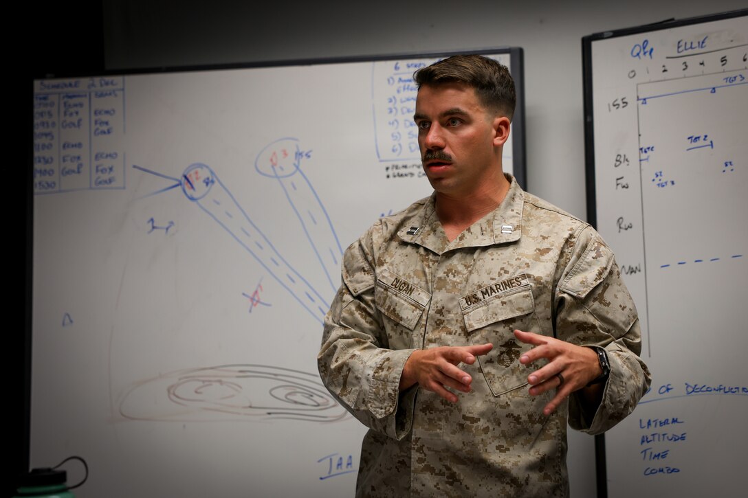 U.S. Marine Corps Capt. Michael Dugan, amphibious assault representative with Tactical Training and Exercise Control Group, Marine Air Ground Task Force Training Command, provided instruction to Marines with 2nd Battalion, 23rd Marine Regiment, 4th Marine Division, during an adversarial force exercise at Marine Air Ground Combat Center, Twentynine Palms, California, Dec. 2, 2024. Dugan’s class covered key amphibious assault strategies and urban combat tactics to enhance operational readiness and prepare the unit for its deployment to Okinawa, Japan, ensuring the Marines are fully manned, trained and equipped to meet mission challenges. (U.S. Marine Corps photo by Cpl. Madisyn Paschal)