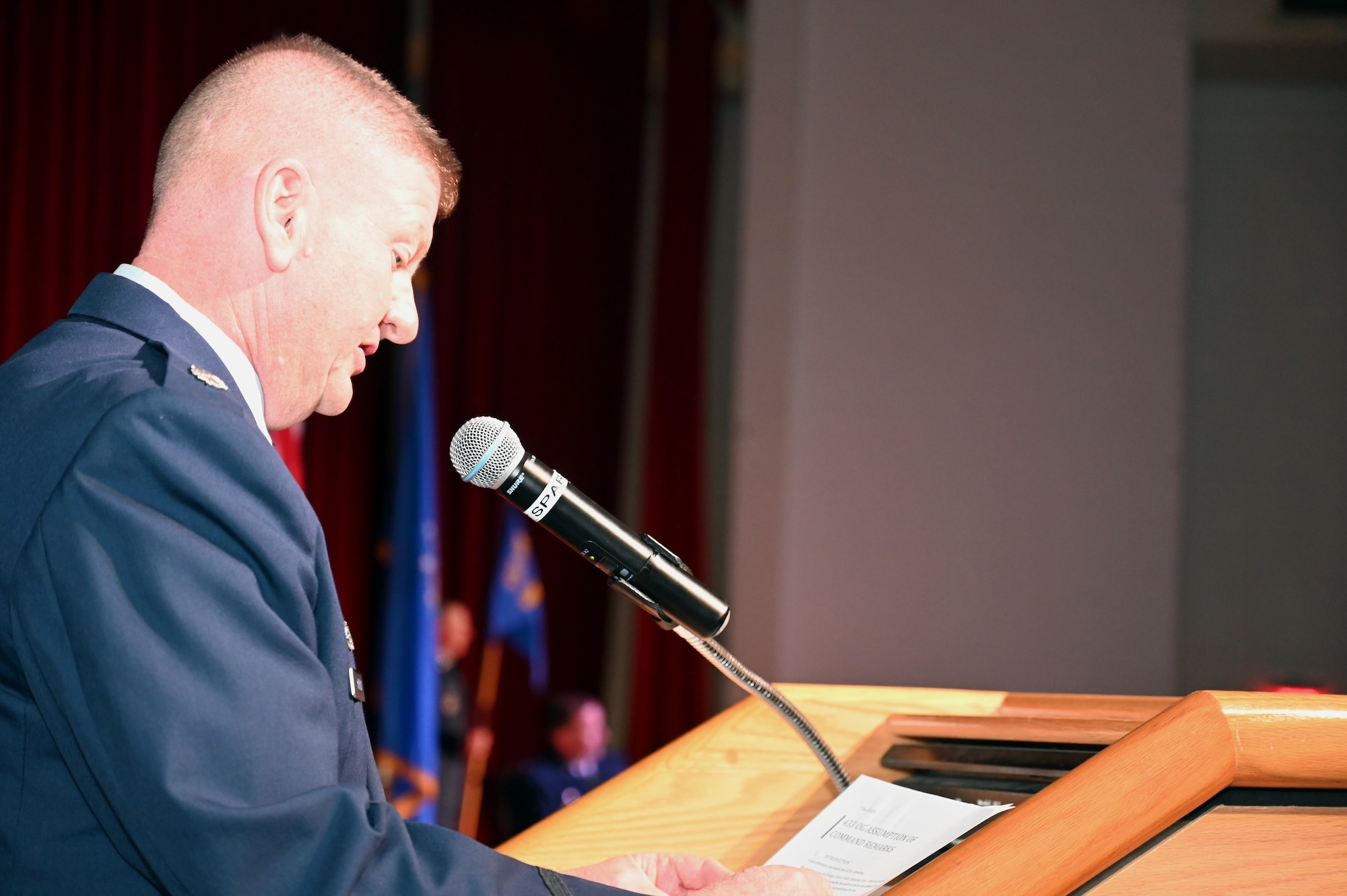Lt. Col. Jeremy A. Patrick speaks during his assumption of command ceremony at Joint Base San Antonio-Lackland, Texas, Dec. 7, 2024, where he assumes command of the 433rd Operations Group.
