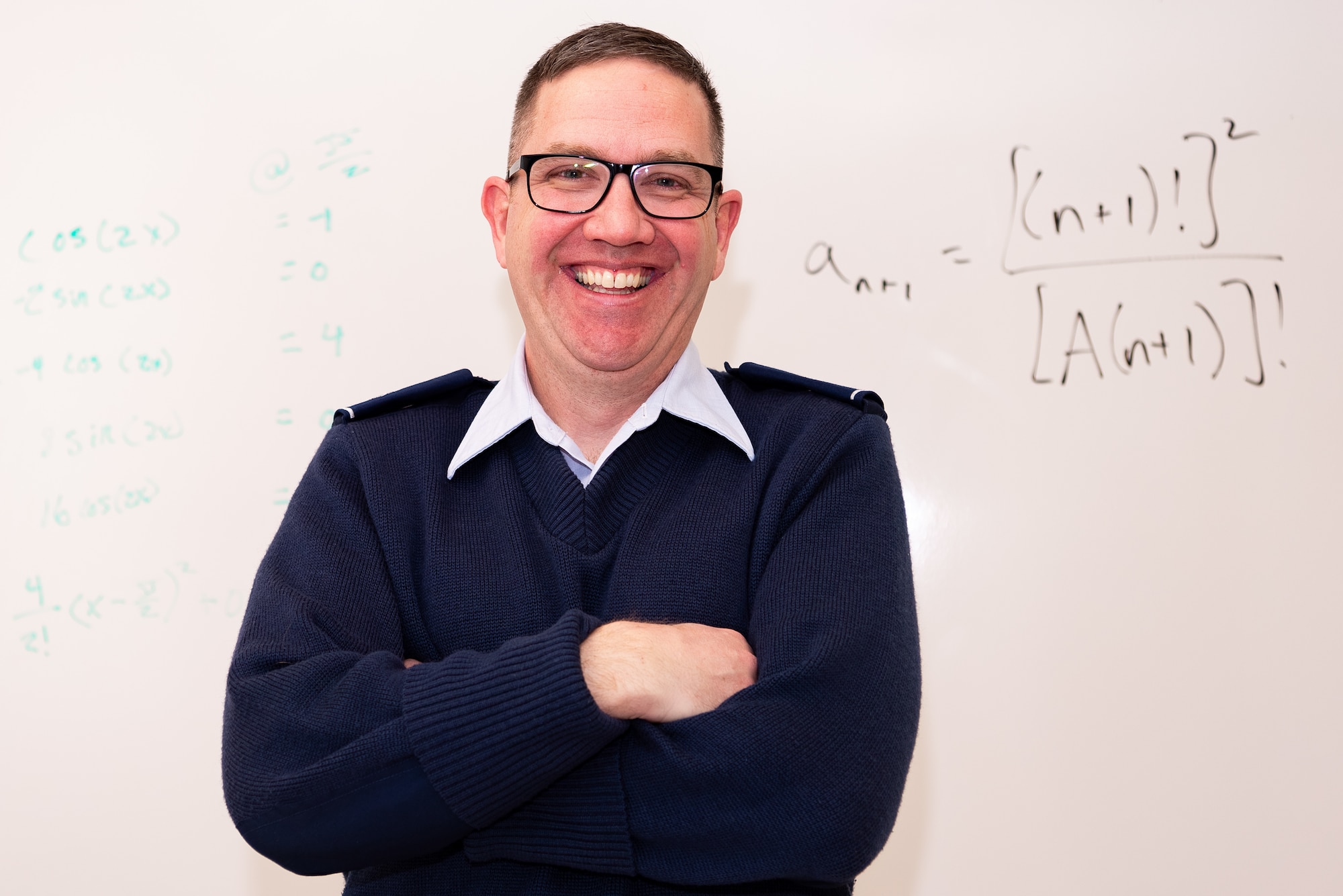 Lt. Col. Kevin Treat, U.S. Air Force Academy Department of Mathematical Sciences associate professor and senior military faculty member, poses for a photo at the Academy, Colo., Dec. 2, 2024. Treat’s influence goes beyond simply teaching math; he bridges the gap between theoretical knowledge and its practical applications, ensuring cadets are prepared for leadership roles while fostering a collaborative and innovative academic environment. (U.S. Air Force photo by Ray Bahner)