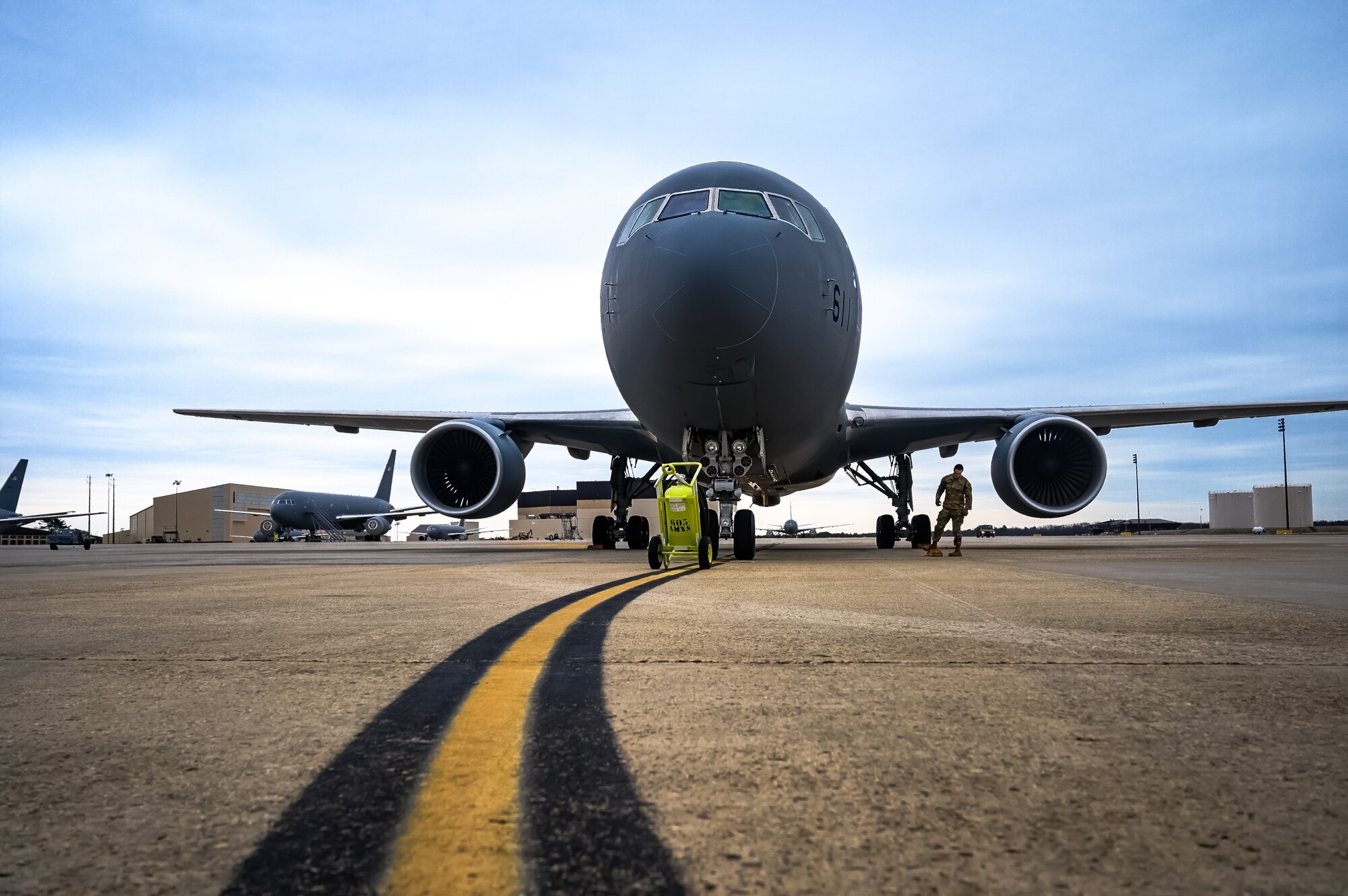 A KC-46A aircraft assigned to the Japan Air Self-Defense Force 3rd Tactical Airlift Wing arrives at Joint Base McGuire-Dix-Lakehurst, N.J., Dec. 9, 2024. The JASDF visit involved a subject matter expert exchange designed to enhance interoperability with U.S. Air Force KC-46A aircraft units. (U.S. Air Force photo by Senior Airman Matt Porter)