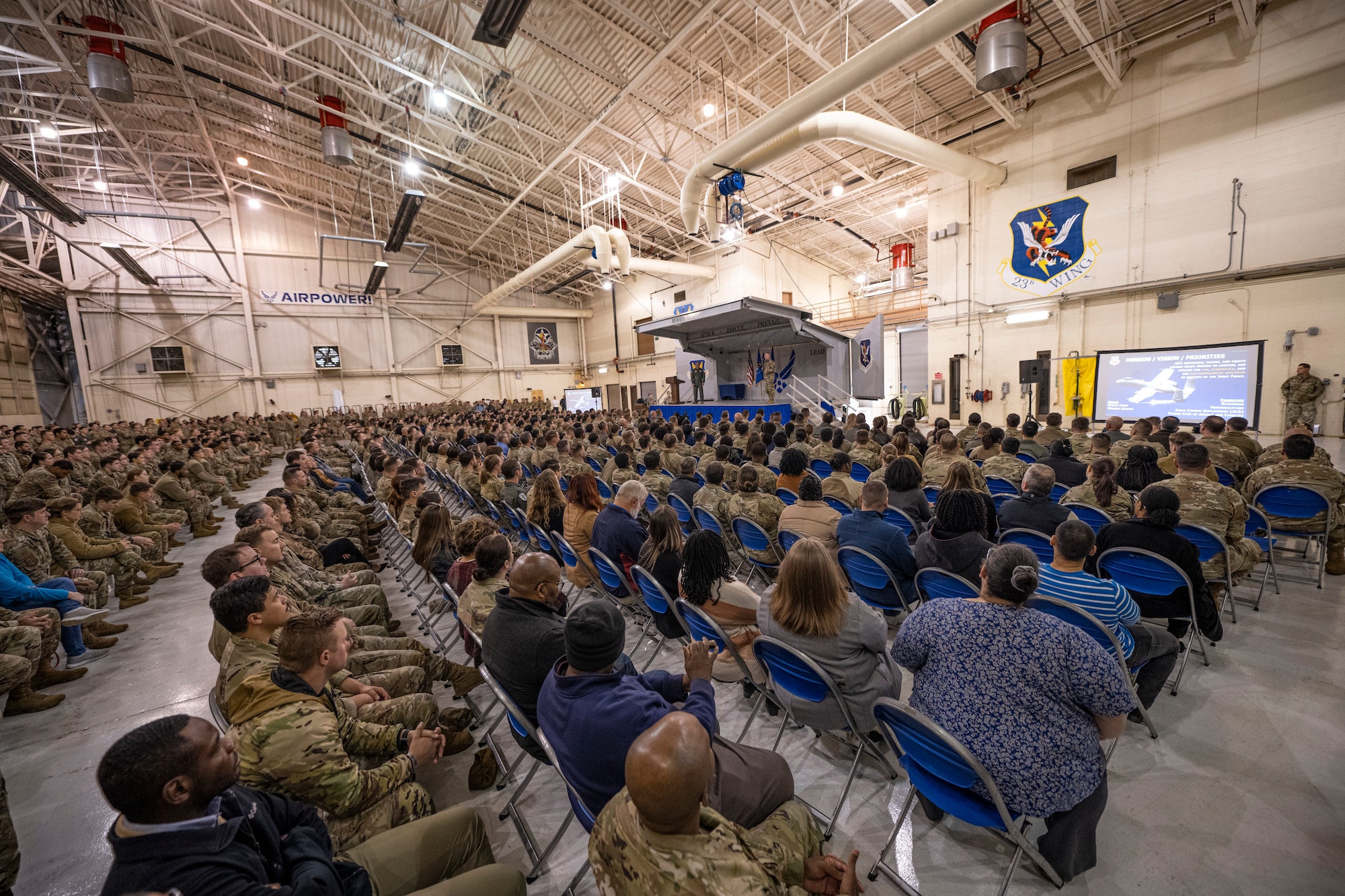 Airmen from the 23rd Wing and 93rd Air Ground Operations Wing attend an all-call with Gen. Ken Wilsbach, commander of Air Combat Command, and Chief Master Sgt. Dave Wolfe,