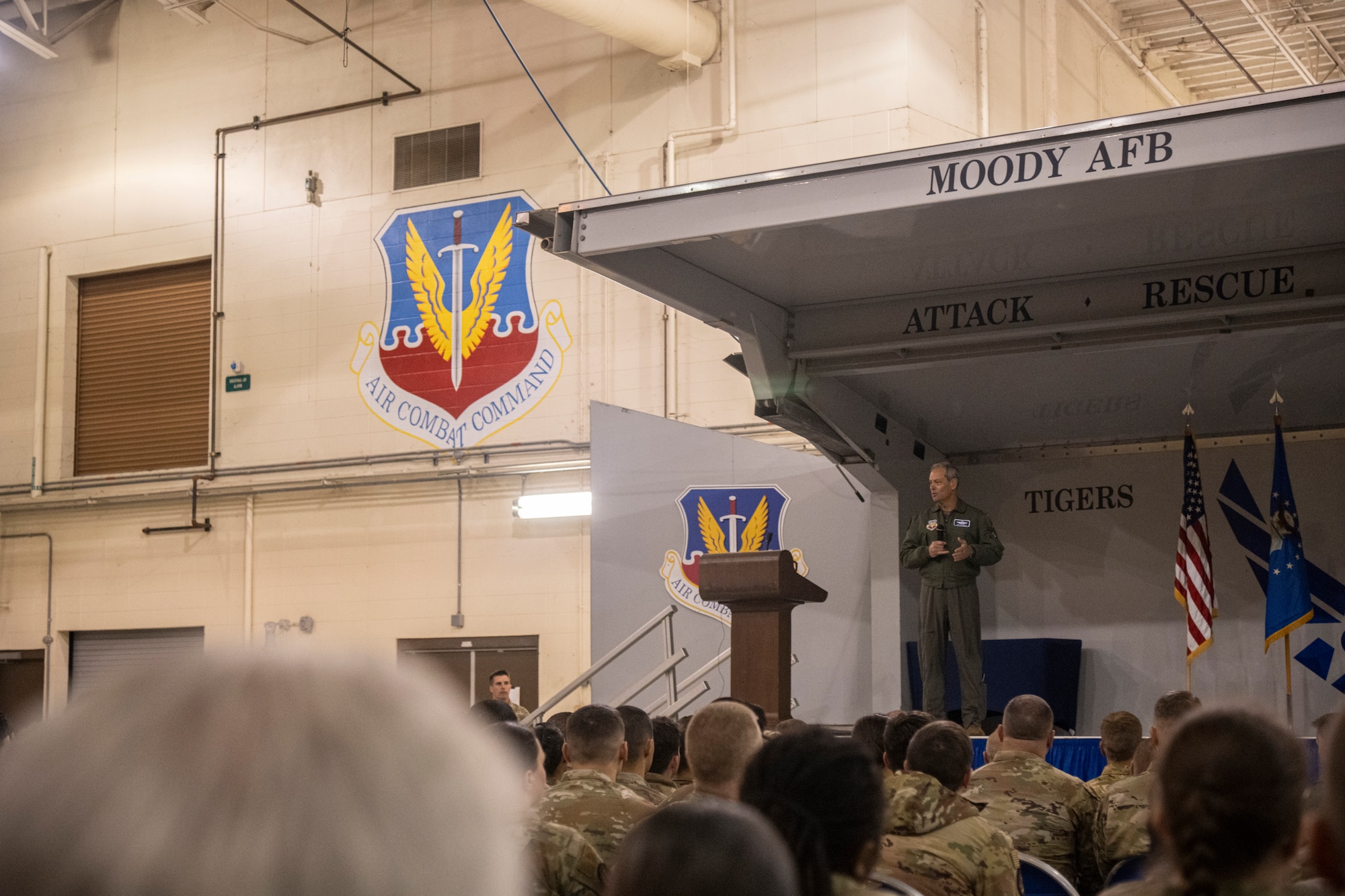 U.S. Air Force Gen. Ken Wilsbach, commander of Air Combat Command, speaks during an all-call