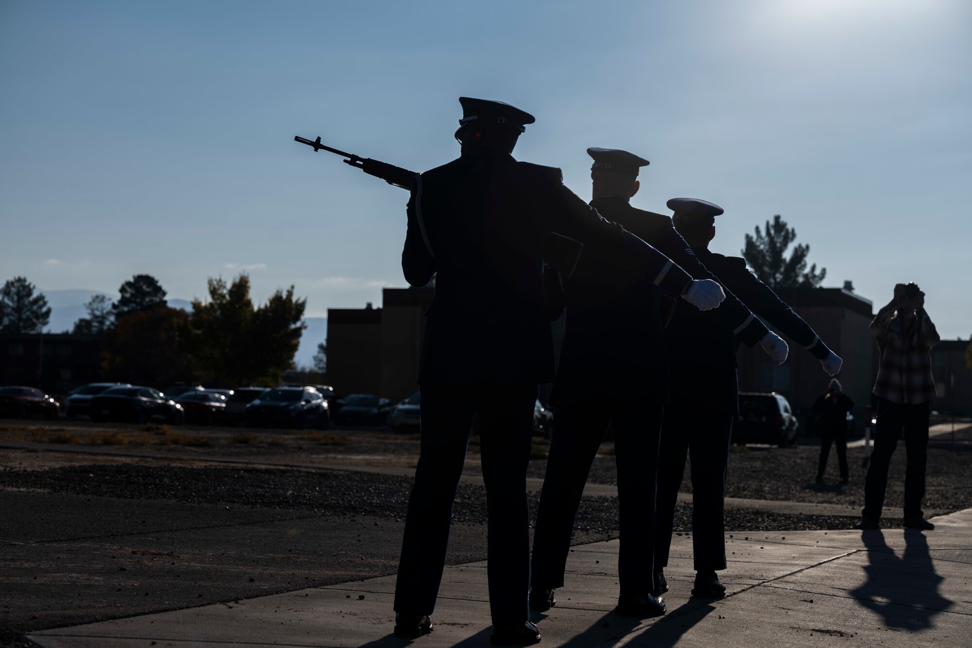Members of the Steel Talons Honor Guard move into position to fire the starting shot for the half marathon race during the 2nd annual Ace of Races Marathon at Holloman Air Force Base, New Mexico, Dec. 7, 2024. More than 250 people from across the country participated in the race, which was broken up into a full and half marathon and a 5K. (U.S. Air Force photo by Amn. Elijah Strickland)