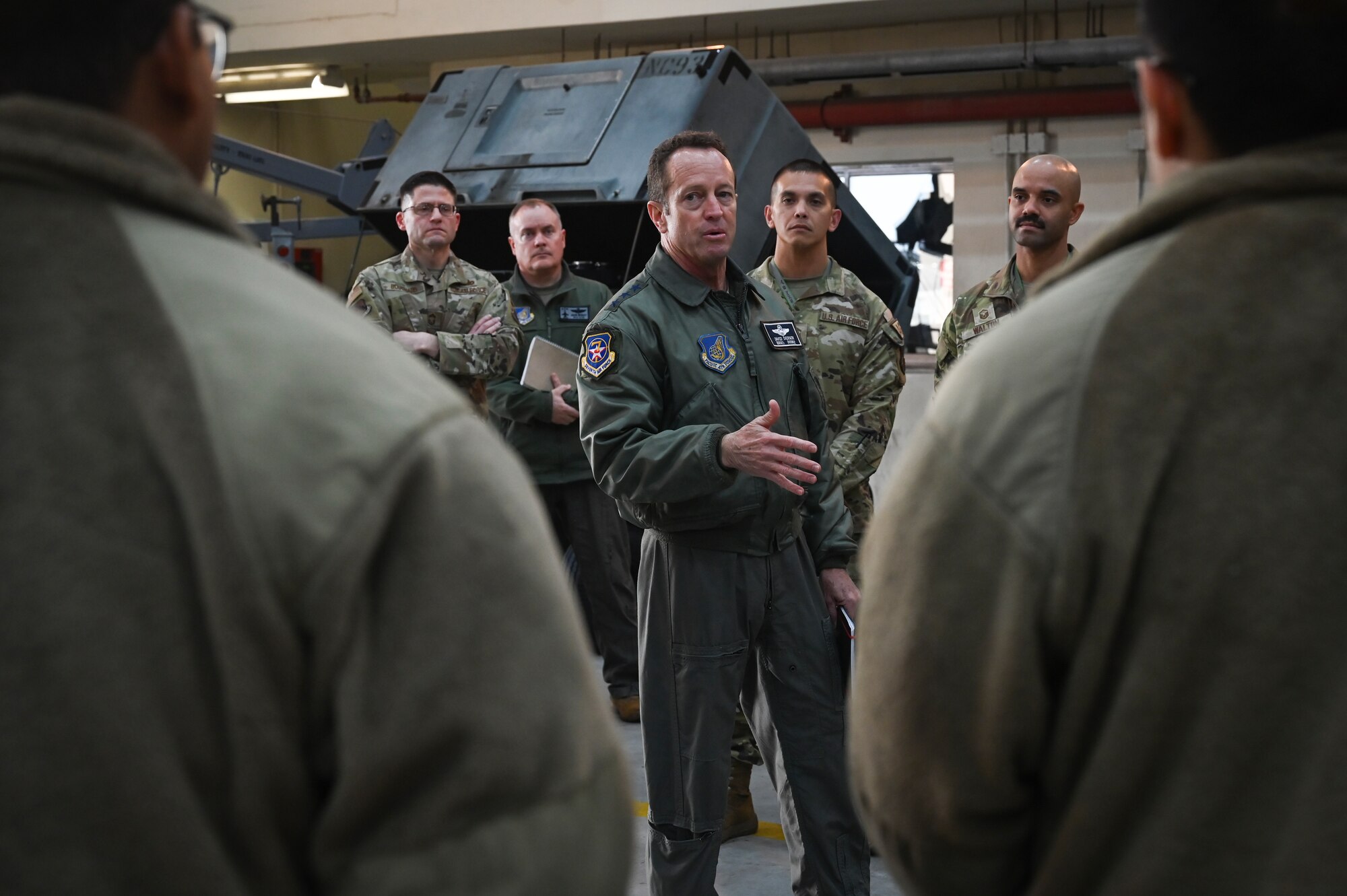 U.S. Air Force Lt. Gen. David R. Iverson, Seventh Air Force commander, speaks with Airmen assigned to the 8th Maintenance Squadron’s Aerospace Ground Equipment Flight, during a visit at Kunsan Air Base.