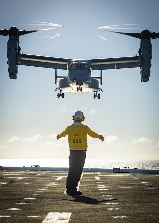 A U.S. Navy Sailor attached to the Expeditionary Sea Base (ESB) 6 USS John L. Canley uses hand and arm signals to guide a U.S. Marine Corps MV-22B Osprey during a deck landing qualification training on the ship as part of exercise Warrior Voyage, off the coast of the island of O'ahu, Hawaii, Oct. 10, 2024. Exercise Warrior Voyage is a group-level training event that evaluates the ESB as an afloat platform for intermediate-level aviation logistics and hot refueling options in support of the Aviation Combat Element. (U.S. Marine Corps photo by Lance Cpl. Moses S. Lopez Franco)