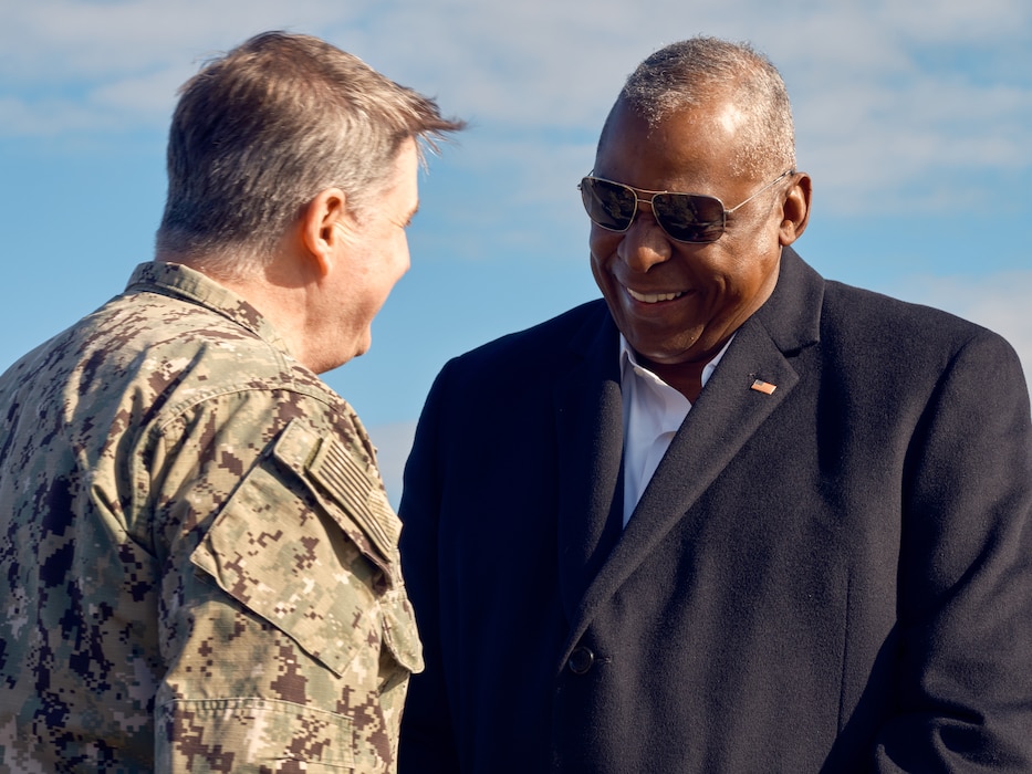 U.S. Secretary of Defense Lloyd J. Austin III is greeted by Vice Admiral Fred W. Kacher, Commander, U.S. 7th Fleet, at Commander, Fleet Activities Yokosuka's Chess Romeo Monday, December 9, 2024 in Yokosuka, Japan.