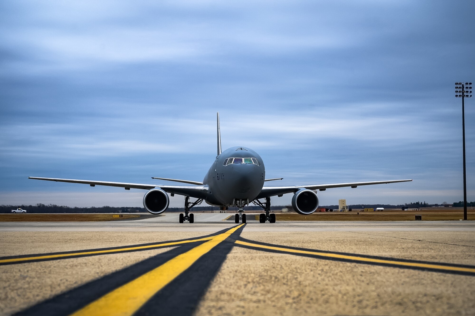 A KC-46A aircraft assigned to the Japan Air Self-Defense Force 3rd Tactical Airlift Wing arrives at Joint Base McGuire-Dix-Lakehurst, N.J., Dec. 9, 2024. The JASDF visit involved a subject matter expert exchange designed to enhance interoperability with U.S. Air Force KC-46A aircraft units. (U.S. Air Force photo by Senior Airman Matt Porter)