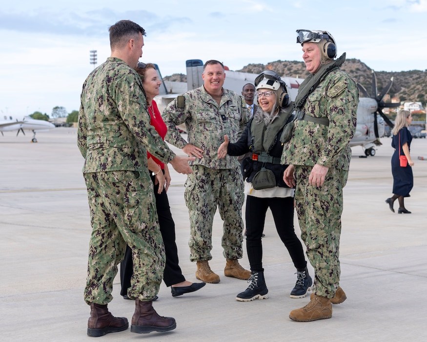 Capt. Stephen Steacy, commanding officer, Naval Support Activity (NSA) Souda Bay, and Rear Adm. Brad Collins, commander, Navy Region Europe, Africa, Central, welcome Adm. Christopher W. Grady, Vice Chairman of the Joint Chiefs of Staff, to NSA Souda Bay, Greece, Dec. 11 2024.