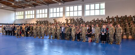 U.S. Soldiers, civilians, families and friends of the 68th Theater Medical Command, render honors during the activation ceremony, Sep. 20, 2024 at Sembach, Germany. The role of the 68th Theater Medical Command is to coordinate, integrate, and synchronize medical support across the Europe and Africa theaters. (U.S. Army Photo by Elisabeth Paqué)