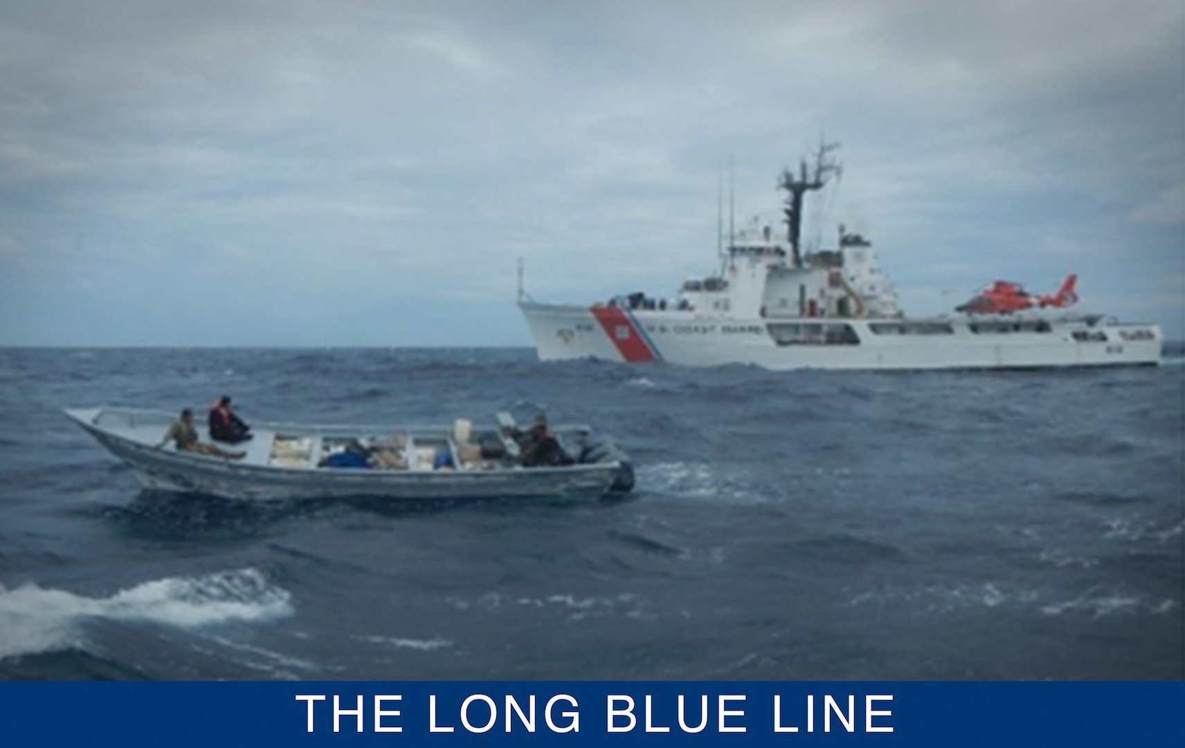 Coast Guard Cutter Active pictured with an interdicted “fastboat.” By 1990, smugglers had shifted to long-range fastboats as the primary transport platform for cocaine smuggling. (U.S. Coast Guard)