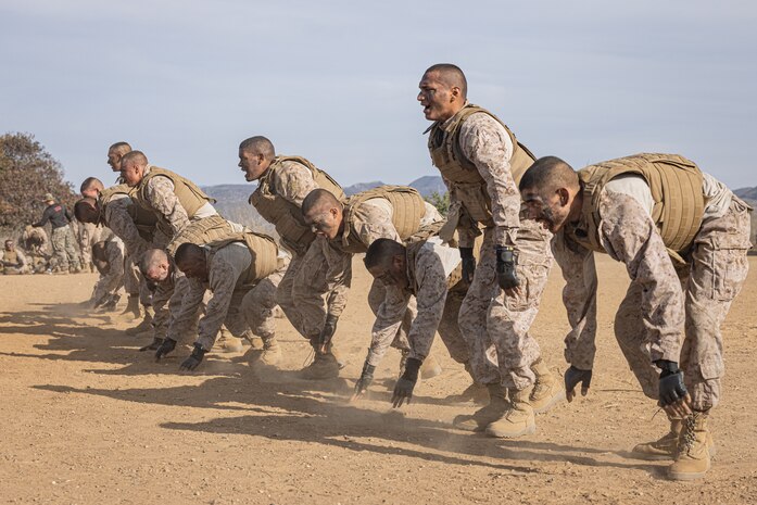 U.S. Marine Corps recruits with Fox Company, 2nd Recruit Training Battalion, participate in a Crucible event at Marine Corps Base Camp Pendleton, California, Dec. 3, 2024. The Crucible is a 54-hour exercise where recruits apply the knowledge they learned throughout recruit training to earn the title United States Marine. (U.S. Marine Corps photo by Lance Cpl. Jacob B. Hutchinson)