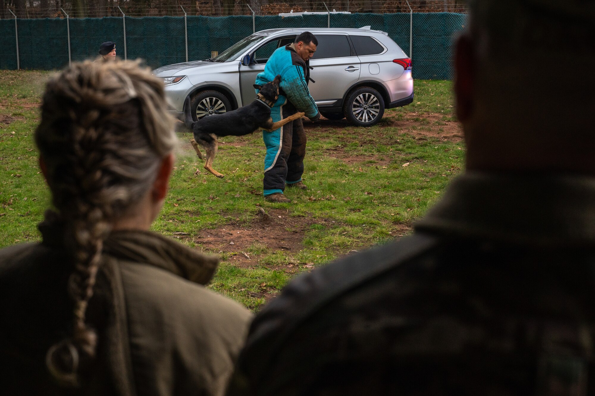 A woman watches a military dog demonstration