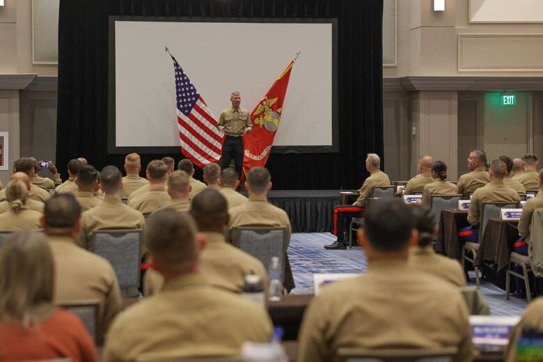 The 39th Commandant of the U.S. Marine Corps, Gen. Eric M. Smith, addresses the attendees of the Fiscal Year 2025 National Officer Selection Officer Training Symposium in Orlando on Dec. 11, 2024. NOSOTS is designed to conduct training, discuss recruiting topics and issues and recognize those Officer Selection Teams which have distinguished themselves during the previous fiscal year. (U.S. Marine Corps photo by Lance Cpl. Brenna Ritchie)