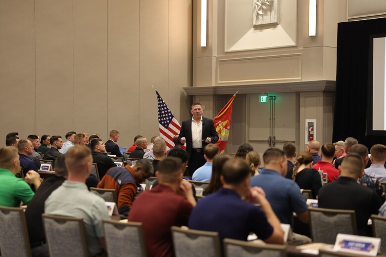 U.S. Marine Corps Col. Robert McCarthy III, The Basic School commanding officer, addresses attendees of the Fiscal Year 2025 National Officer Selection Officer Training Symposium in Orlando on Dec. 10, 2024. NOSOTS is designed to conduct training, discuss recruiting topics and issues and recognize those Officer Selection Teams which have distinguished themselves during the previous fiscal year. (U.S. Marine Corps photo by Lance Cpl. Brenna Ritchie)