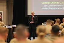 U.S. Marine Corps Gen. Charles Krulak, 31st Commandant of the Marine Corps, retired, speaks to the attendees of the Fiscal Year 2025 National Officer Selection Officer Training Symposium in Orlando on Dec. 10, 2024. NOSOTS is designed to conduct training, discuss recruiting topics and issues and recognize those Officer Selection Teams which have distinguished themselves during the previous fiscal year. (U.S. Marine Corps photo by Lance Cpl. Brenna Ritchie)
