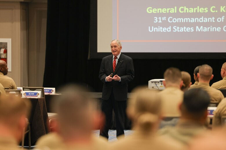 U.S. Marine Corps Gen. Charles Krulak, 31st Commandant of the Marine Corps, retired, speaks to the attendees of the Fiscal Year 2025 National Officer Selection Officer Training Symposium in Orlando on Dec. 10, 2024. NOSOTS is designed to conduct training, discuss recruiting topics and issues and recognize those Officer Selection Teams which have distinguished themselves during the previous fiscal year. (U.S. Marine Corps photo by Lance Cpl. Brenna Ritchie)