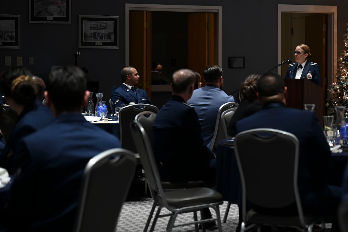 U.S. Air Force Col. Kelly Vermillion, 47th Medical Group commander, addresses Airman Leadership School Class 25-A during their graduation at the Powell Event Center, Goodfellow Air Force Base, Texas, Dec. 13, 2024. Vermillion congratulated the ALS graduates and advised them on the next steps in their careers.  (U.S. Air Force photo by Airman 1st Class Madi Collier)