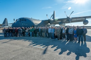 Fifty-eight civilian employers from 28 different companies of New York Air National Guard Airmen from the 106th Rescue Wing stand in front of an HC-130J Combat King II search and rescue aircraft at Francis S. Gabreski Air National Guard Base, Westhampton Beach, N.Y., Nov. 2, 2024.