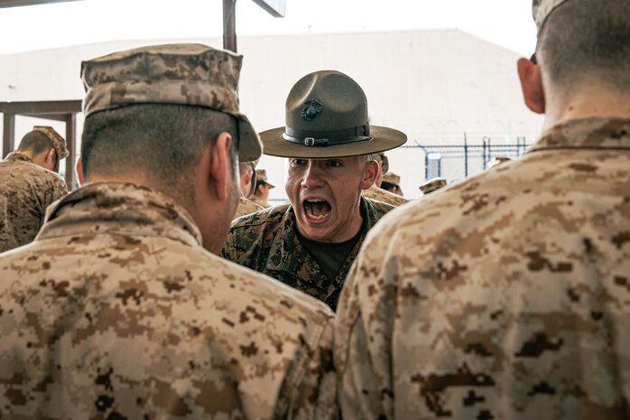 U.S. Marine Corps Drill Instructor, Sgt. Nicholas Marsh, with India Company, 3rd Recruit Training Battalion, instructs recruits before for a M16A4 service rifle issue at Marine Corps Recruit Depot San Diego, California, Dec. 9, 2024. Recruits will carry their rifles throughout recruit training and will learn how to properly clean and maintain them to help extend the life of the rifles for future recruits. Marines are warfighters first, and always. Every Marine is a rifleman, and Marine officer is a rifle platoon commander. This unique characteristic distinguishes Marines from all Services, at home and abroad. (U.S. Marine Corps photo by Cpl. Sarah M. Grawcock)