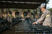 U.S. Marine Corps recruits with India Company, 3rd Recruit Training Battalion, set up rifles for a M16A4 service rifle issue at Marine Corps Recruit Depot San Diego, California, Dec. 9, 2024. Recruits will carry their rifles throughout recruit training and will learn how to properly clean and maintain them to help extend the life of the rifles for future recruits. Marines are warfighters first, and always. Every Marine is a rifleman, and Marine officer is a rifle platoon commander. This unique characteristic distinguishes Marines from all Services, at home and abroad. (U.S. Marine Corps photo by Cpl. Sarah M. Grawcock)