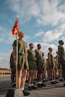 New U.S. Marines with Charlie Company, 1st Recruit Training Battalion, stand in formation prior to the company motivational run at Marine Corps Recruit Depot San Diego, California, Dec. 12, 2024. The company motivational run is a three-mile cadence run conducted around the Depot, the last physical training event the Marines will conduct before they graduate from MCRD San Diego and the first time their friends and families will see their newly transformed U.S. Marines. (U.S. Marine Corps photo by Cpl. Alexandra M. Earl)