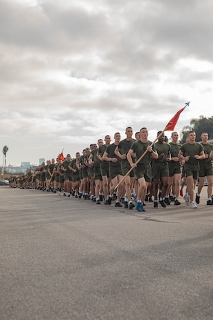 New U.S. Marines with Charlie Company, 1st Recruit Training Battalion, participate in the company motivational run at Marine Corps Recruit Depot San Diego, California, Dec. 12, 2024. The company motivational run is a three-mile cadence run conducted around the Depot, the last physical training event the Marines will conduct before they graduate from MCRD San Diego and the first time their friends and families will see their newly transformed U.S. Marines. (U.S. Marine Corps photo by Cpl. Alexandra M. Earl)