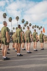 New U.S. Marines with Charlie Company, 1st Recruit Training Battalion, stand in formation after the company motivational run at Marine Corps Recruit Depot San Diego, California, Dec. 12, 2024. The company motivational run is a three-mile cadence run conducted around the Depot, the last physical training event the Marines will conduct before they graduate from MCRD San Diego and the first time their friends and families will see their newly transformed U.S. Marines. (U.S. Marine Corps photo by Cpl. Alexandra M. Earl)